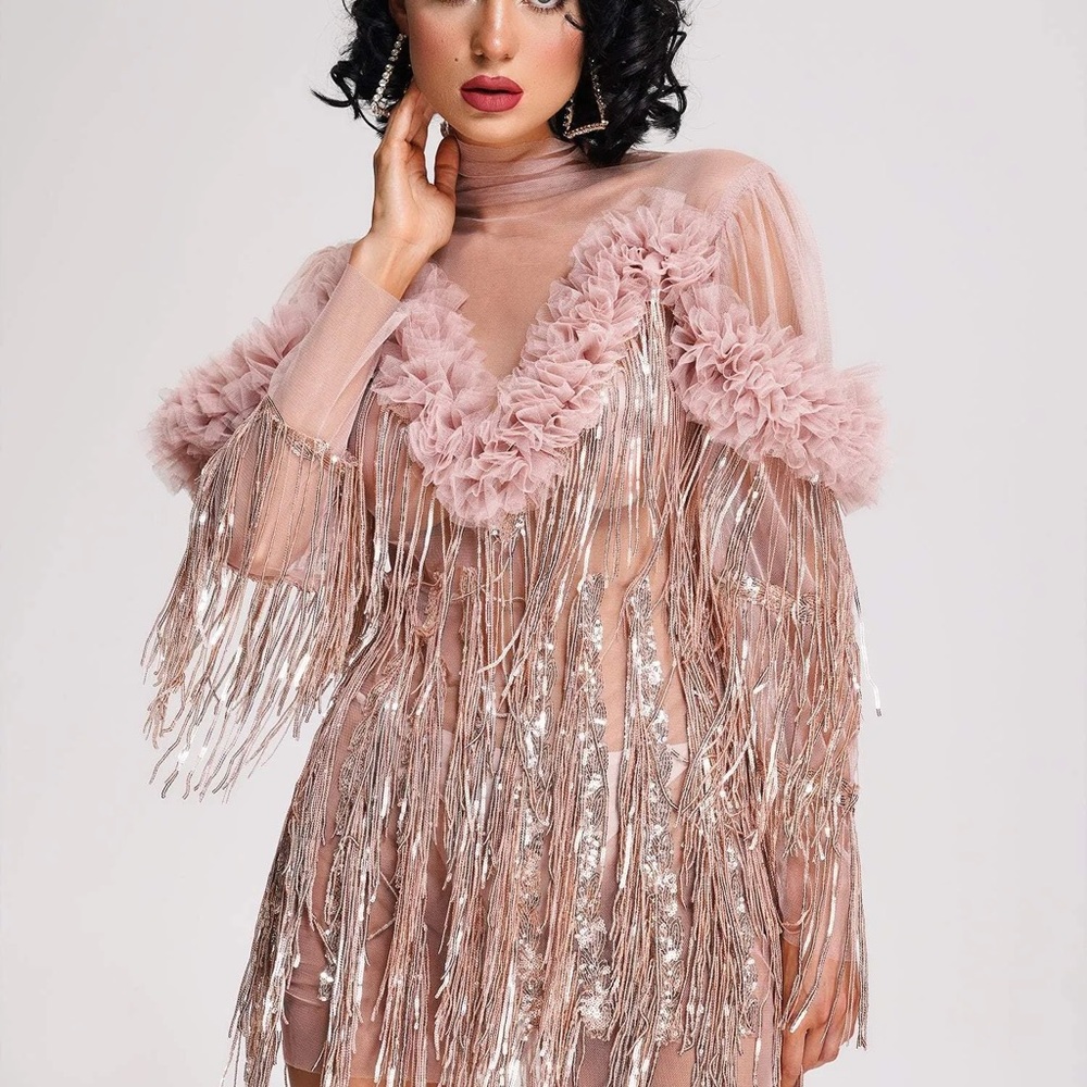 Tassle Blush Silver Mini Dress with Fringe